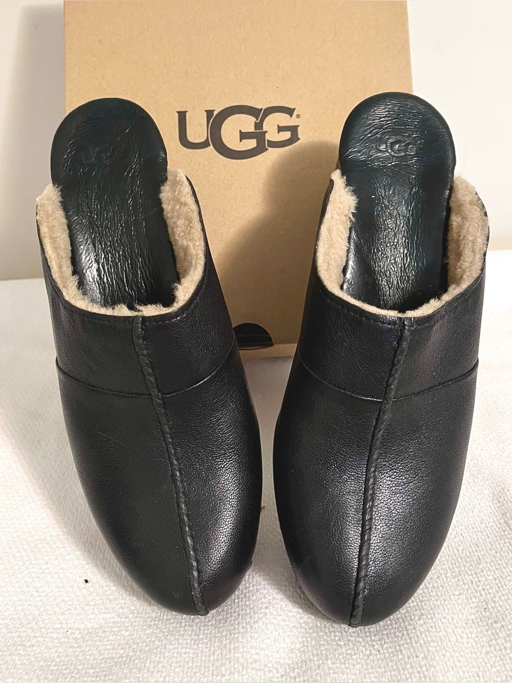 UGG wooden sole black leather clogs